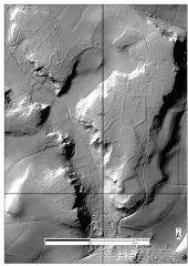 A lidar visualisation showing low field boundary banks on a plateau of higher ground.