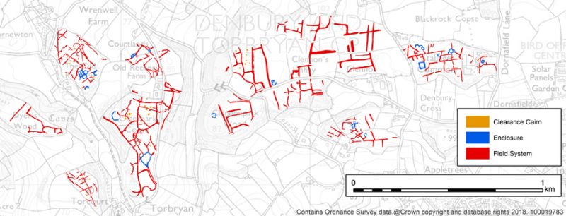 A map showing the location and extent of several prehistoric or Roman field systems, with banks, enclosures and clearance cairns mapped in different colours.