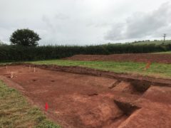 A ground shot of an archaeological trench that has been stripped of topsoil, within which excavated segments of a buried ditch are visible.