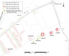 A modern map overlain by transcriptions of five roughly circular earthwork mounds in a row. Three of the mounds on the lidar project transcriptions are twice as wide as the mounds on the aerial photograph transcriptions, two mounds on the lidar transcriptions had no corresponding aerial photograph transcriptions, and two HER point records of mounds did not correspond with any transcriptions.