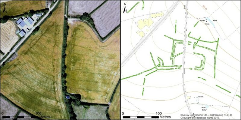 A colour aerial photograph of dark green linear and rectilinear cropmarks in a cultivated light green field, next to a modern map overlain by transcriptions of the cropmarks.