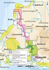 A modern colour map of the Tamar Valley between Plymouth and Hartland, with the areas of the various surveys outlined in different colours. The World Heritage Site and AONB overlap with Area 1 of the Tamar Lidar survey.