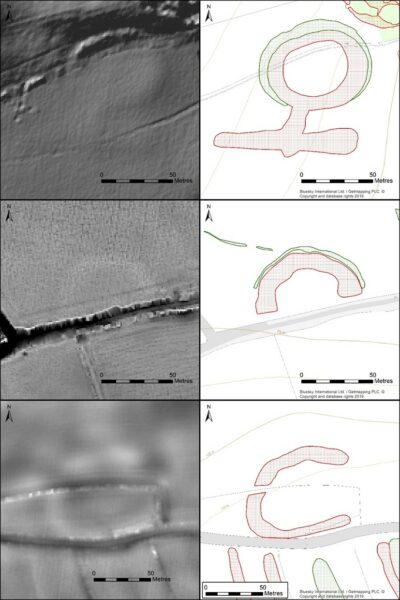 Greyscale lidar imagery showing three different subtle curvilinear earthworks, with corresponding transcriptions of the banks and some ditches overlying the modern map.