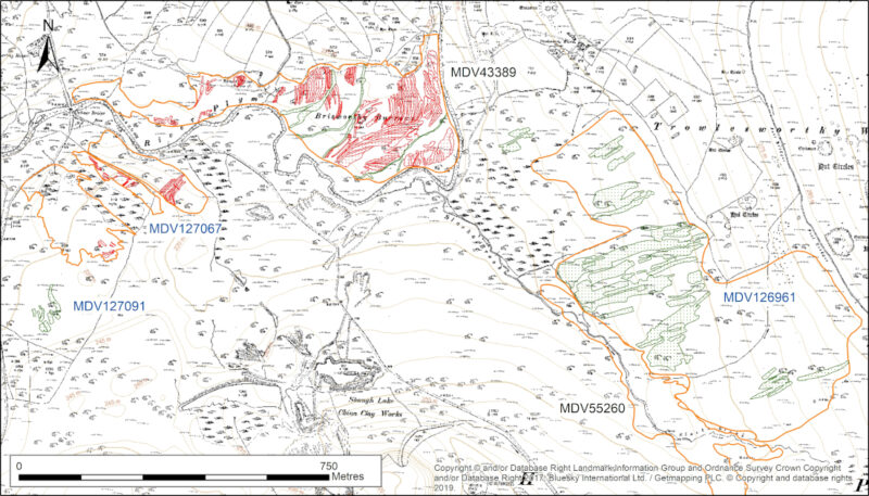 A greyscale map with colour lines and polygons showing the streamworks as closely packed sinuous earthwork banks perpendicular to the river, and irregular large blocks of earthwork cuttings on an adjacent area depicted as rough ground.