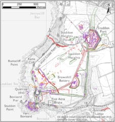 A greyscale map with colour lines and polygons showing the complexes of structures, linked by banks and ditches, on the high ground and cliff edges.