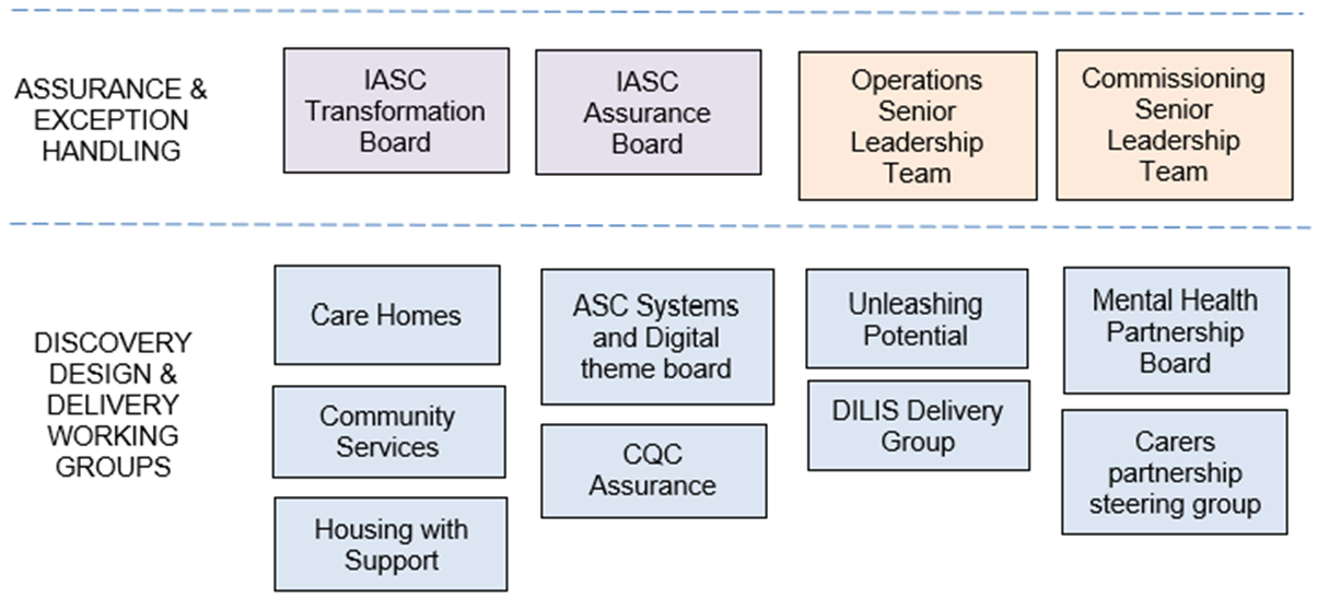 An infographic depicting the governance of change management as it relates to Integrated Adult Social Care in Devon County Council