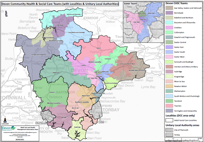 Map showing the locations of Devon Community Health and Social Care Teams with locality and local authority boundaries