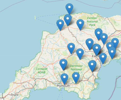 map of Devon with blue pins showing location of English classes