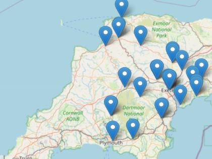map of Devon with blue pins showing location of English classes