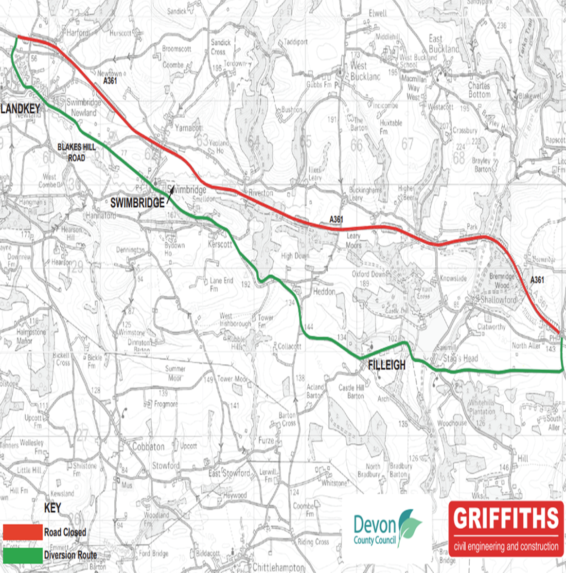 Diversion route during overnight closures from North Aller to Landkey roundabout