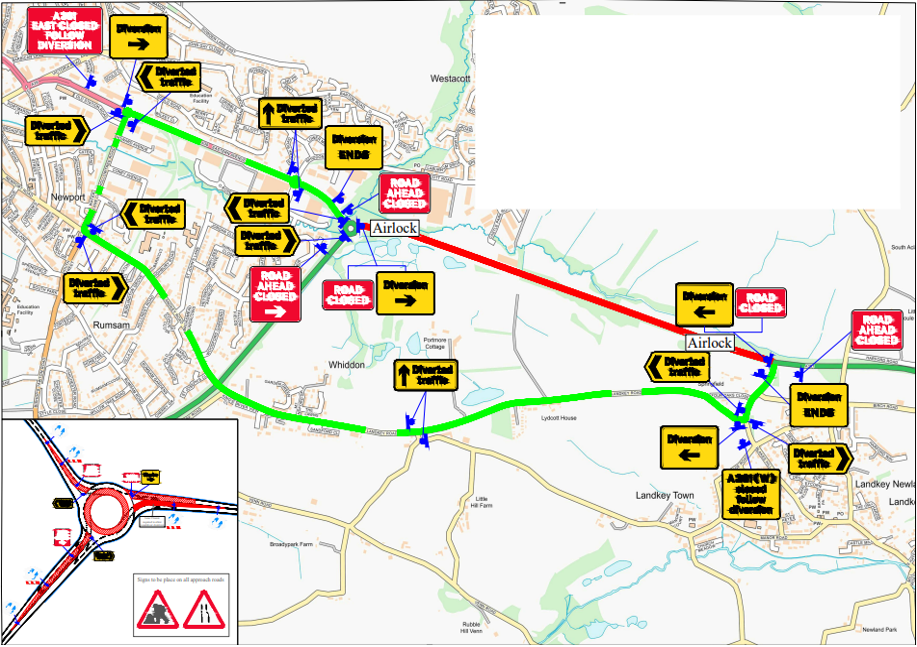Diversion map - Landkey roundabout to Portmore roundabout