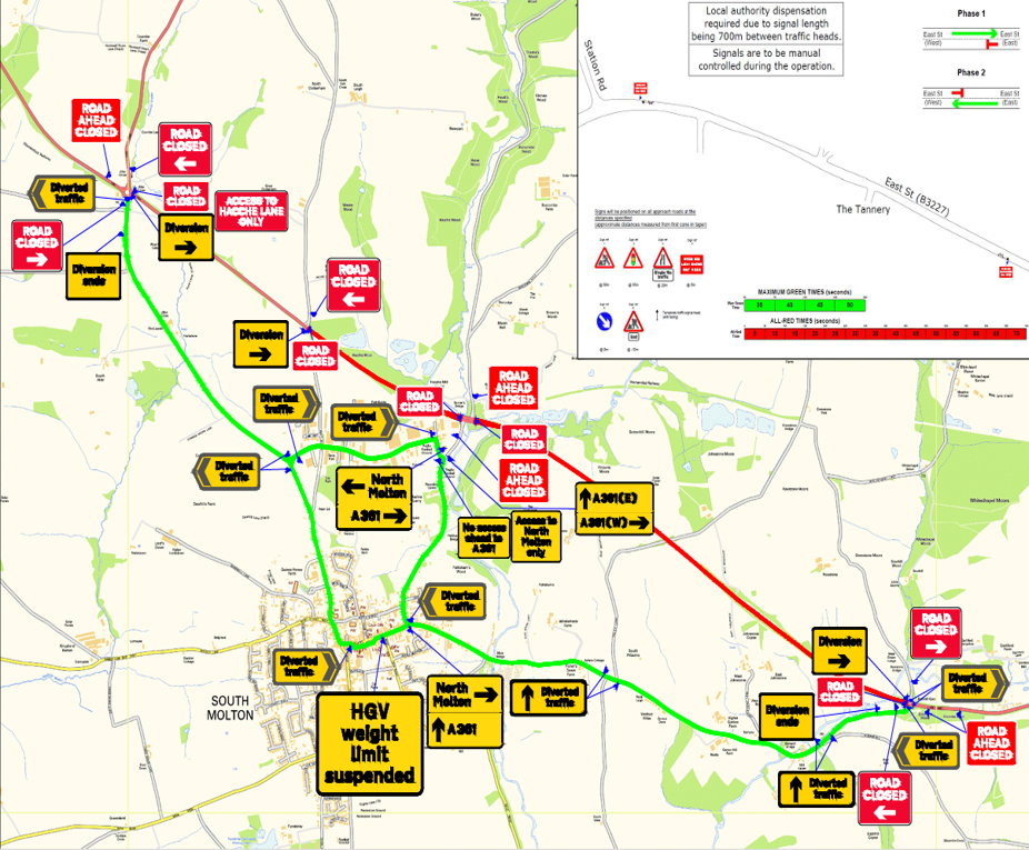 Borner's roundabout to North Aller roundabout diversion route