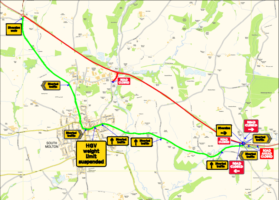 Diversion route - Bish Mill roundabout to Borner's roundabout via East Street