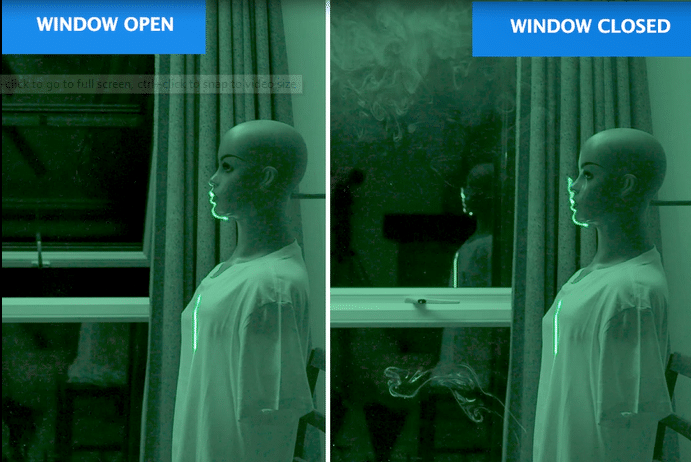 screen grab from the government's video - two dummies: one in a smoky room with the window shut; the other in a clearer room with the window open