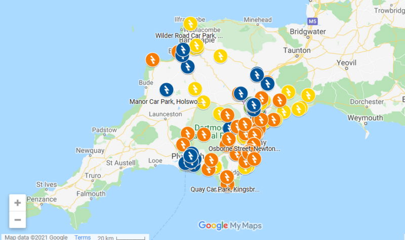 Map of Devon's EV charging points