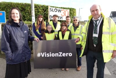 Photo of Alison Hernandez and Stuart Hughes with members of the Milton Abbot Community Road Safety group