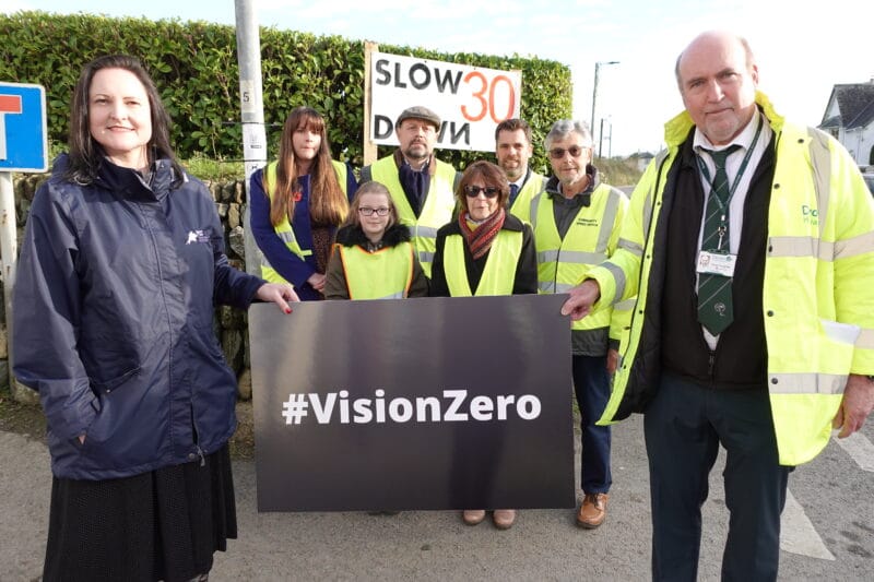 Photo of Alison Hernandez and Stuart Hughes with members of the Milton Abbot Community Road Safety group