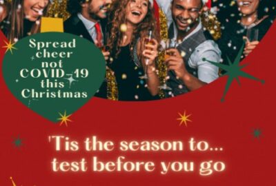 Christmas party, with the message, 'Tis the season to...test before you go'