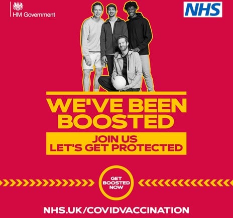 Government advert, to promote the booster jab for younger people. "We've been boosted. Join us, let's get protected."