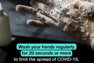 Hands washing with soap and the message 'wash your hands regularly for 20 seconds or more'