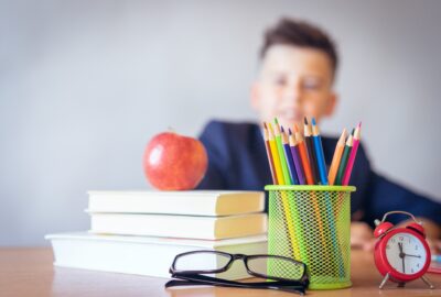 boy sat at his desk with books and pencils