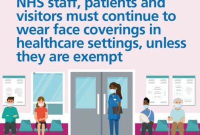 NHS advert, reminding people that they still have to wear face coverings when in healthcare settings, unless they are exempt from wearing one