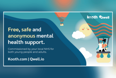Graphic shows a hot air balloon in the sky with the words, 'Free, safe and anonymous mental health support.'