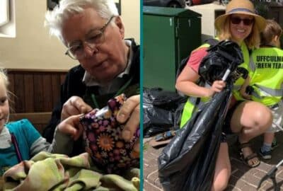 Elderly man and child fixing something and litter pickers