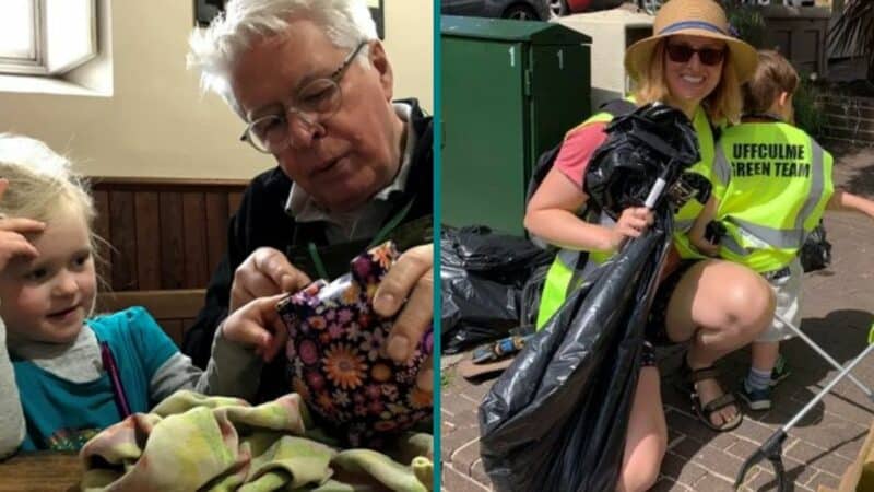 Elderly man and child fixing something and litter pickers