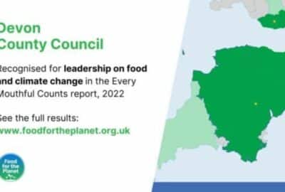Infographic that reads: Devon County Council recognised for leadership and climate change in Every Mouthful Counts report 2022
