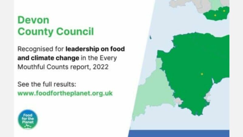 Infographic that reads: Devon County Council recognised for leadership and climate change in Every Mouthful Counts report 2022