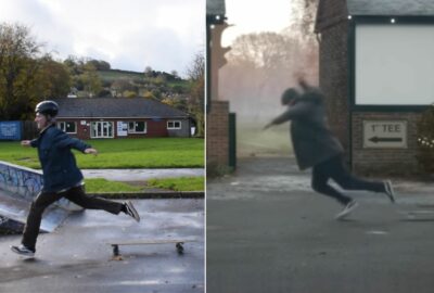 image is split half and half; on one side, Devon County Council's 'skateboarding foster carer' and on the right, John Lewis's 'skateboasrding fosterer'