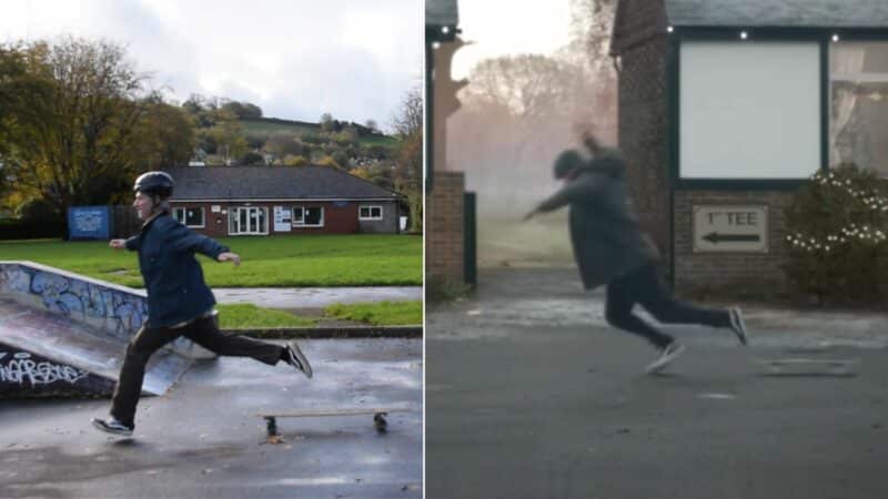 image is split half and half; on one side, Devon County Council's 'skateboarding foster carer' and on the right, John Lewis's 'skateboasrding fosterer'