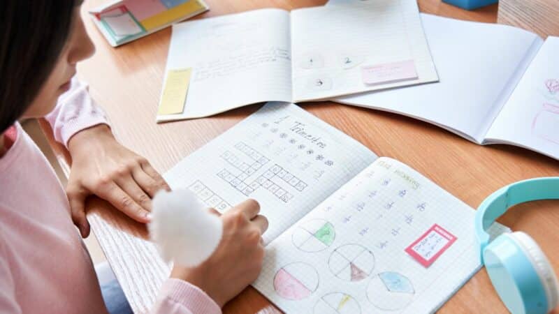 A young person sat studying with her study books out, at her desk