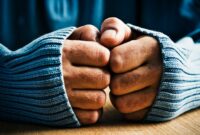 cold hands held together with sleeves rolled over the knuckles