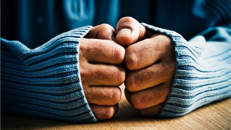 cold hands held together with sleeves rolled over the knuckles