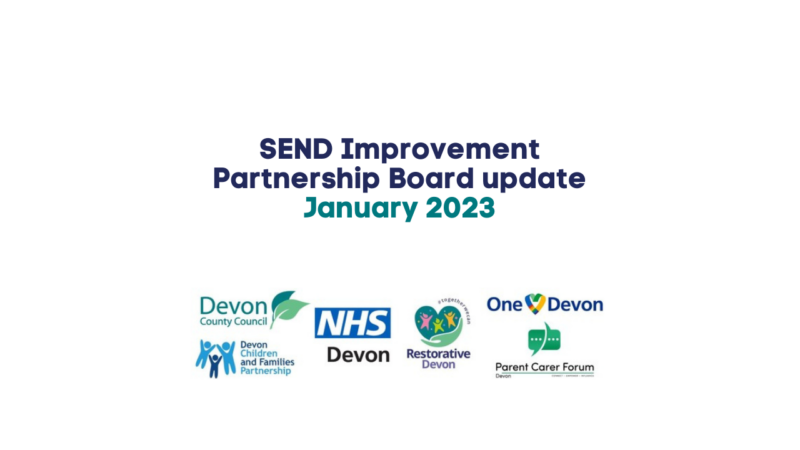 a graphic that announcing the SEND Improvement Partnership Board update for January 2023