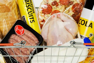supermarket food in a shopping basket