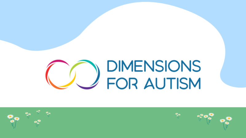The logo of Dimensions for Autism, featuring the rainbow infinity sign and their name. It's in an illustration of a cloud and some grass with daisies