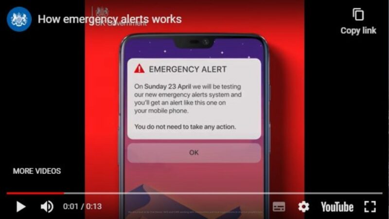 The emergency alert: On Sunday 23 April we will be testing our new emergency alerts system and you'll get an alert like this one on your mobile phone. you do not need to take any action.