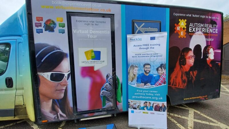 The Virtual Dementia Tour bus, parked at County Hall, Exeter.