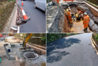 Collage of pictures showing different stages of the work