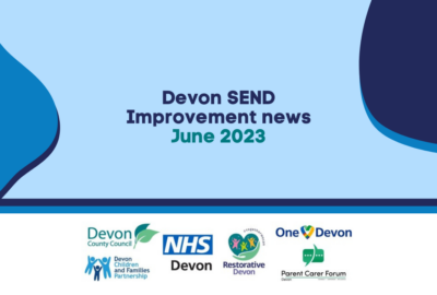 Blue shapes behind text that reads 'Devon SEND Improvement news - June 2023'. The bottom of the image has the logos for Devon County Council, NHS Devon, Parent Carer Forum Devon, Devon Children and Families Partnership, Restorative Devon and One Devon.