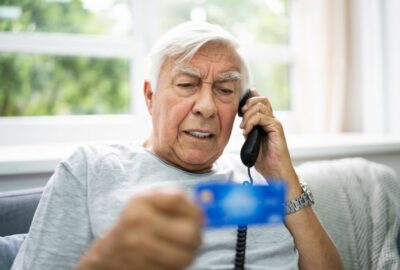 Elderly man providing credit card details over the phone