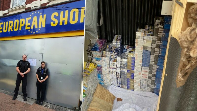 Police officers standing outside shop and pile of illegal tobacco