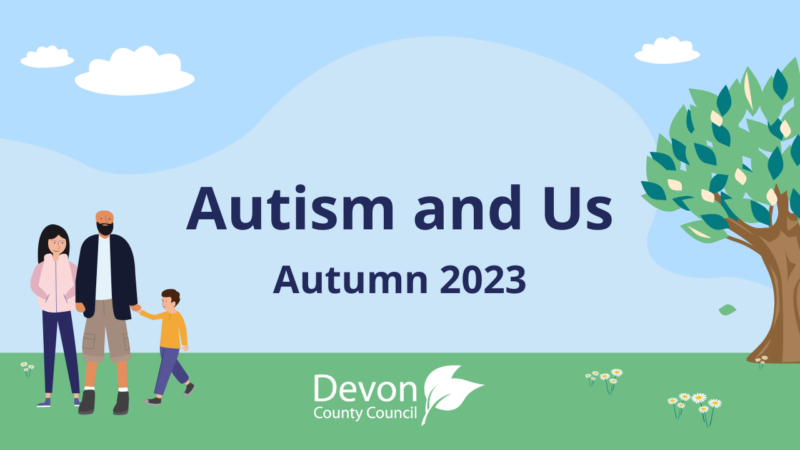 Illustration of a family with a small boy walking in a park. Text reads "Autism and us: autumn 2023".