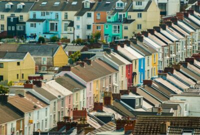 An aerial view of a row of houses