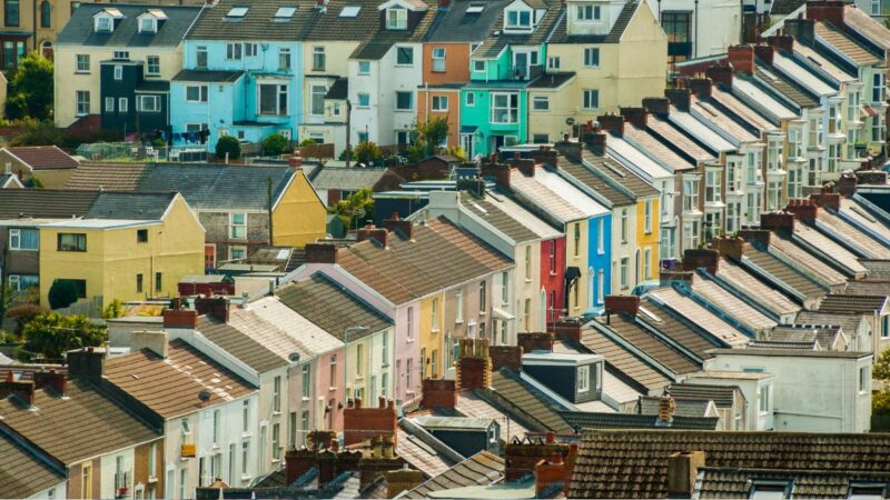 An aerial view of a row of houses