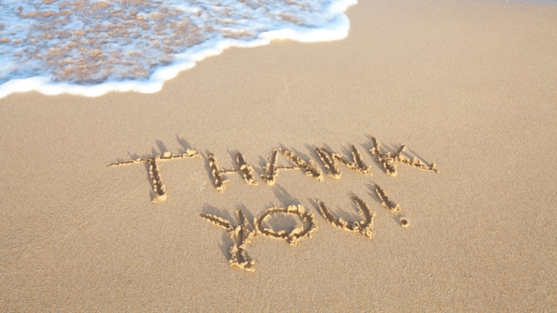 The words thank you written in the sand on a beach
