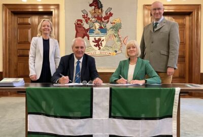 Donna Manson (DCC Chief Executive), Councillor John Hart (DCC Leader), Professor Lisa Roberts (President and Vice Chancellor at the University of Exeter), Stuart Brocklehurst (University of Exeter Deputy Vice Chancellor for Business Engagement and Innovation)